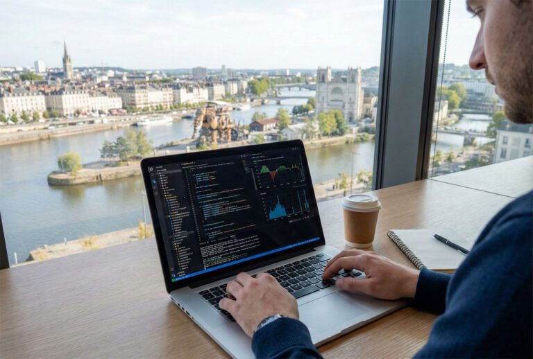 Photographie d'un développeur web en télétravail, travaillant sur un ordinateur portable affichant du code et des graphiques de performance.