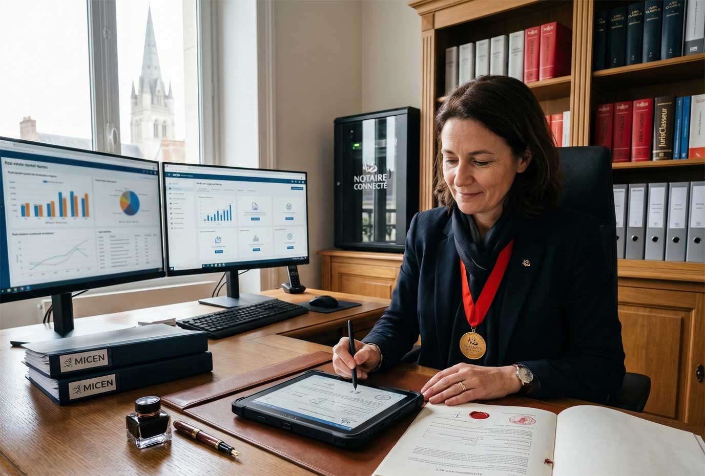 Notaire assise à son bureau, les mains jointes, écoutant attentivement un interlocuteur invisible.