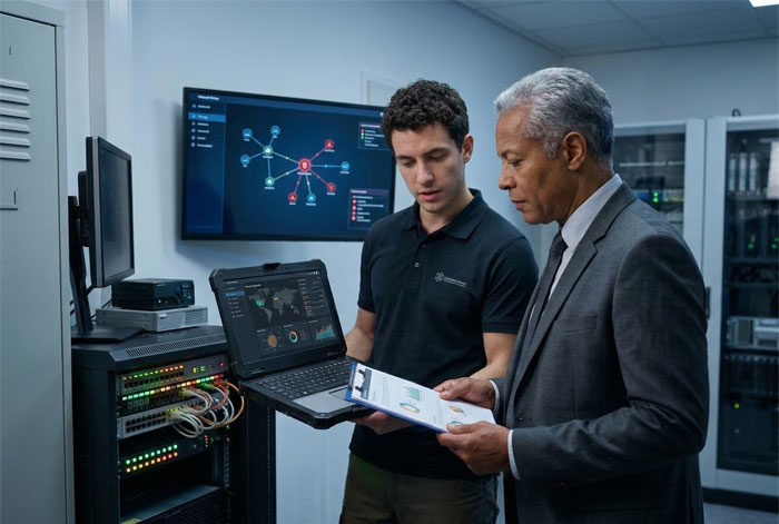 Expert en cybersécurité et un responsable d'étude notariale debout dans une salle informatique compacte. Ils analysent conjointement des données affichées sur un grand moniteur montrant un scan de vulnérabilité technique.