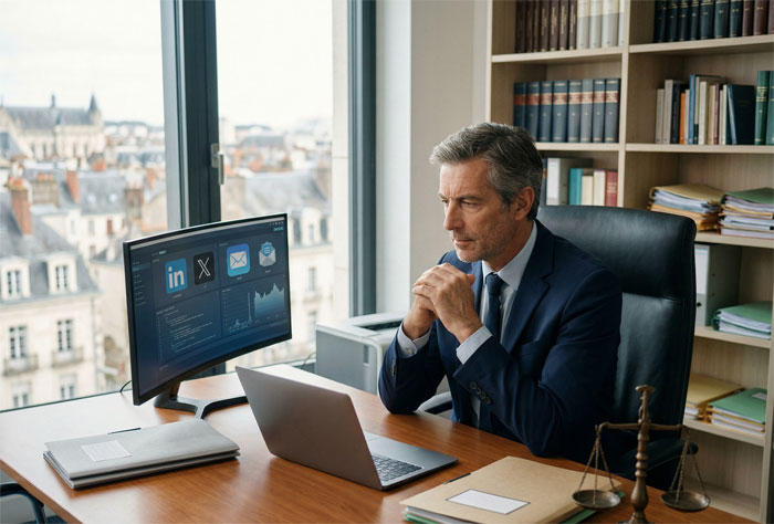 Un homme en costume, assis à son bureau, est en pleine réflexion, les mains jointes devant lui. Son écran affiche des icônes de réseaux sociaux (LinkedIn, X) et des outils de messagerie. Une balance de la justice et des dossiers juridiques sont posés sur le bureau, soulignant le cadre légal.