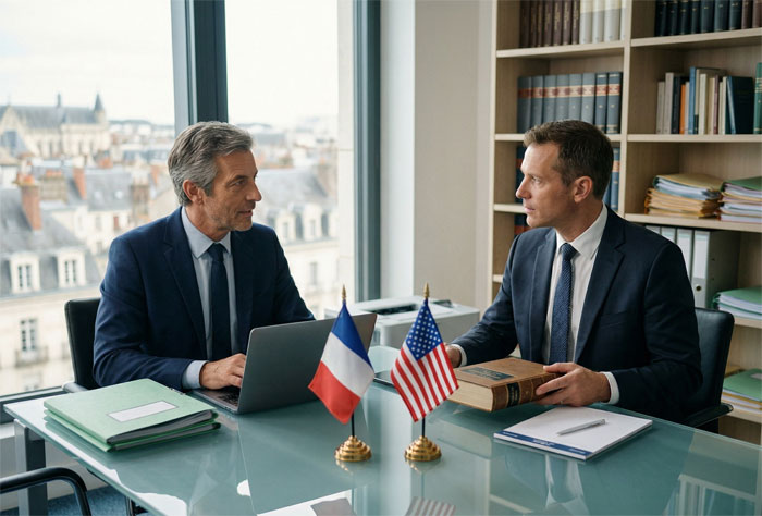 Deux hommes en costume sont assis face à face à une table de réunion en verre. Sur la table, entre les deux, sont posés deux petits drapeaux (français et américain), un ordinateur portable et un livre de droit ancien. Ils semblent être en pleine discussion stratégique.