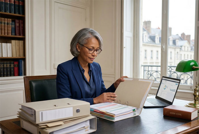 Notaire expérimentée assise à son bureau en bois dans une étude notariale lumineuse à Nantes. Elle examine méticuleusement des dossiers de conformité.