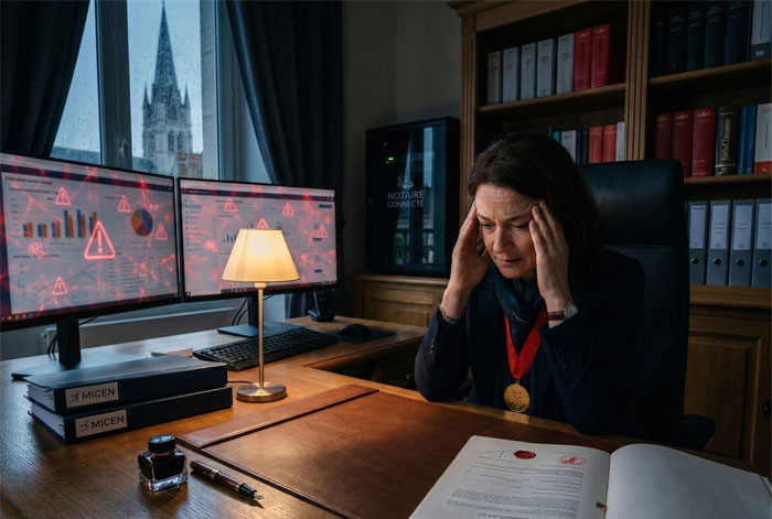 Une photographie montrant un notaire assise seule dans son bureau plongé dans la pénombre. Elle tient ses tempes, l'air anxieuse, sous une seule lampe de bureau projetant des ombres.
