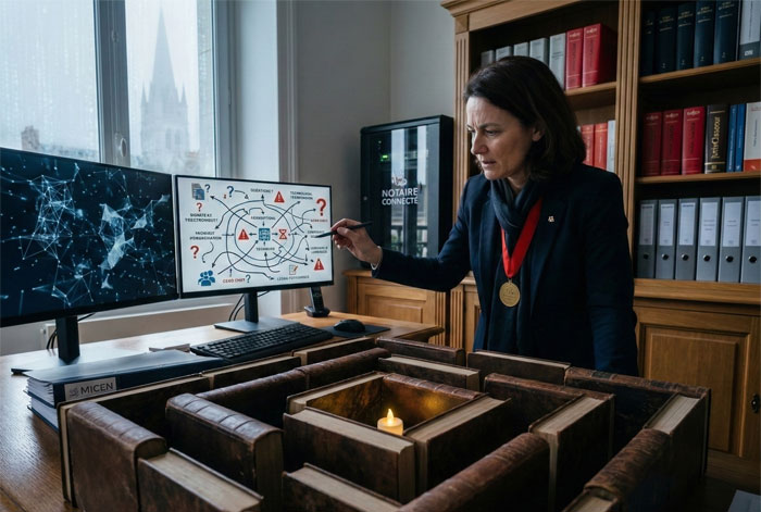 Notaire debout à son bureau dans la pénombre, perplexe devant l'un de ses écrans. L'écran affiche un labyrinthe numérique complexe de nœuds de données entremêlés et de symboles d'interrogation, symbolisant les freins déontologiques et les incertitudes de la présence sur le web, sans texte.
