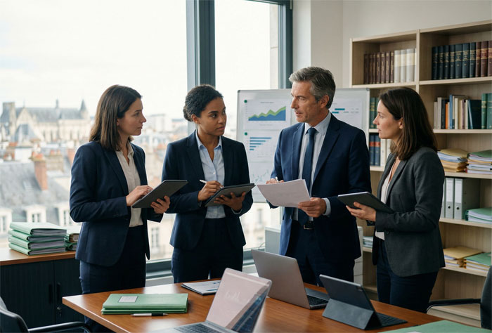 Une équipe de quatre professionnels (trois femmes et un homme) est réunie autour d'une table de travail. Ils échangent des documents et consultent des tablettes numériques. Des dossiers verts sont empilés sur la table, et un tableau blanc avec des graphiques de performance est visible en arrière-plan.