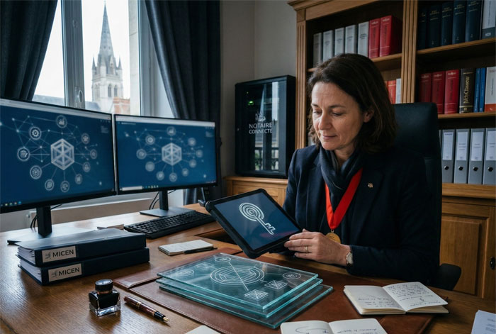 Notaire travaillant sur une tablette dans son bureau avec écrans d’analyse et dossiers juridiques