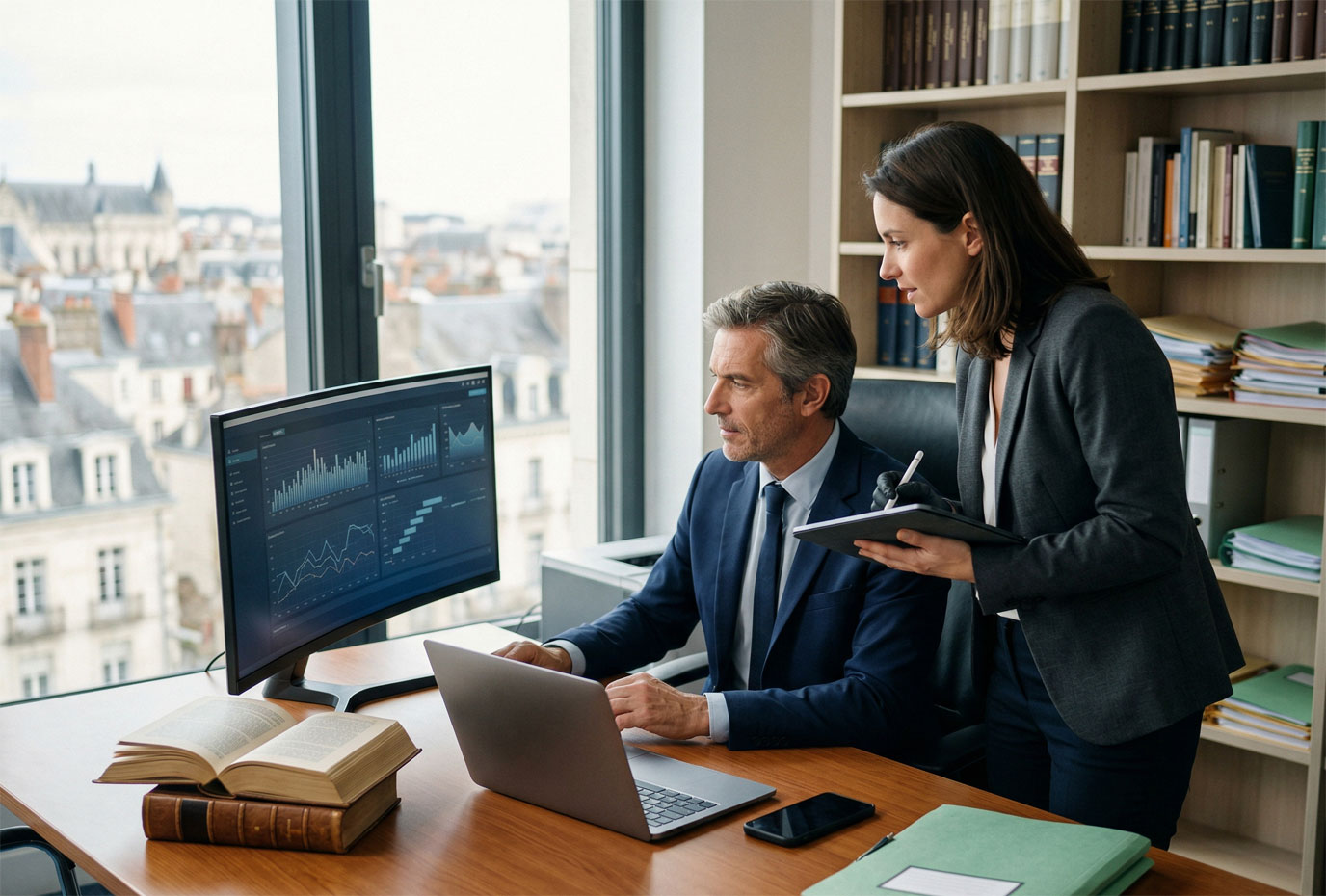 Une image montrant deux professionnels, un homme assis devant un ordinateur et une femme debout à ses côtés prenant des notes, dans un bureau moderne avec une grande fenêtre offrant une vue sur les toits d'une ville européenne. Des étagères remplies de livres et de dossiers complètent ce décor de cabinet de travail.