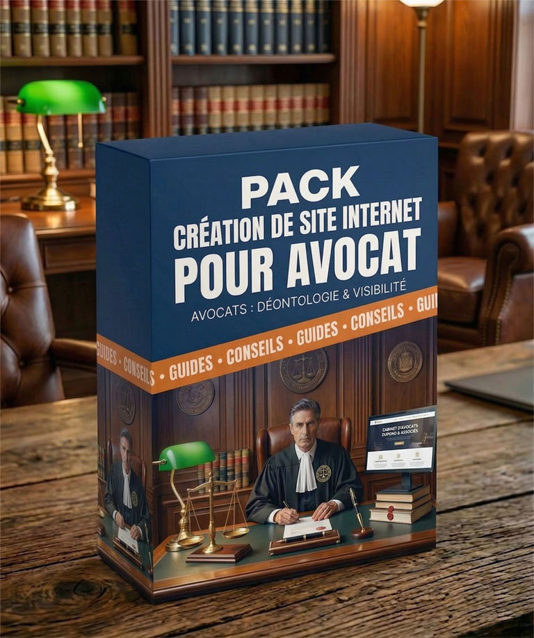 Image d'un pack de guides "Création de site internet pour avocat" le tout intégré dans un décor de bureau élégant de notaire avec une bibliothèque en arrière-plan.