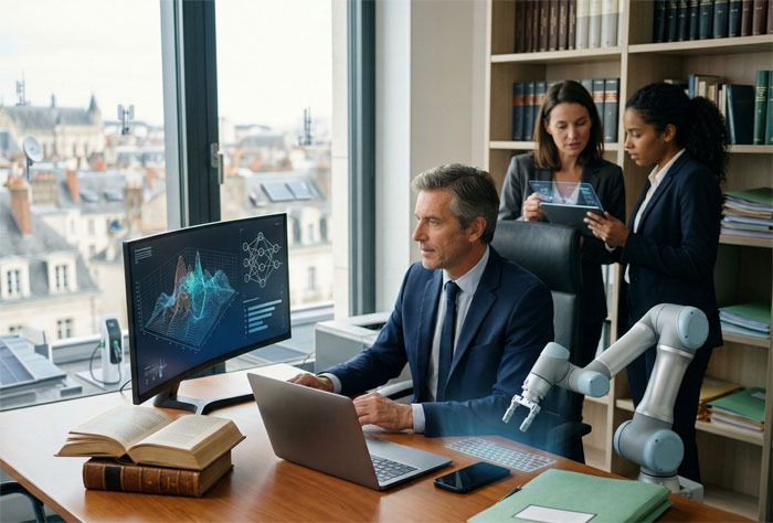 Un professionnel en costume travaille sur un ordinateur affichant des graphiques de données complexes et des schémas de réseaux neuronaux. À ses côtés, un bras robotique articulé semble assister la tâche sur le bureau. En arrière-plan, deux collaboratrices consultent une tablette dans un bureau avec vue sur la ville.