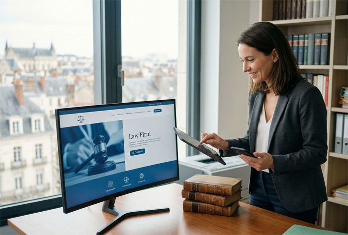 Une femme professionnelle sourit en consultant une tablette et son smartphone devant un grand écran. L'écran affiche la page d'accueil d'un site web de cabinet d'avocats ("Law Firm") avec une esthétique moderne et épurée.