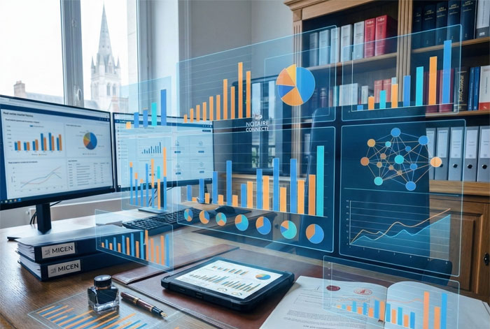 Une photographie d'ambiance d'un grand bureau en bois massif dont la surface est entièrement recouverte d'interfaces graphiques transparentes. Ces graphiques montrent des barres, des tartes et des réseaux de données multichromatiques, symbolisant les statistiques et les indicateurs clés de la transformation digitale notariale, sans texte.