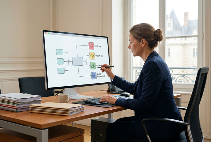 Une notaire professionnelle interagit avec un stylet sur un grand moniteur haute résolution.