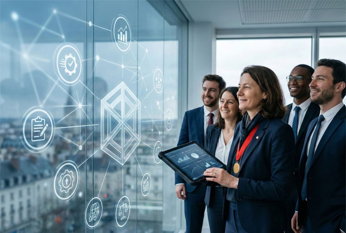 Groupe de notaires enthousiastes regardant vers une paroi de verre gravée d'un réseau lumineux de symboles technologiques et de connectivité.