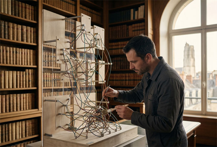 Technicien systèmes méticuleux travaillant avec des outils de précision sur une maquette physique complexe et épurée d'une arborescence de site web. 