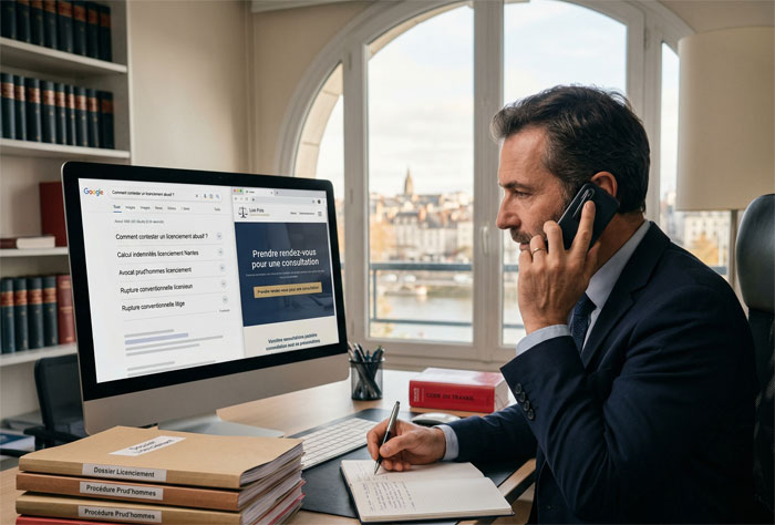 Avocat français assis à son bureau, il est au téléphone et prend activement des notes détaillées dans un cahier avec un stylo.