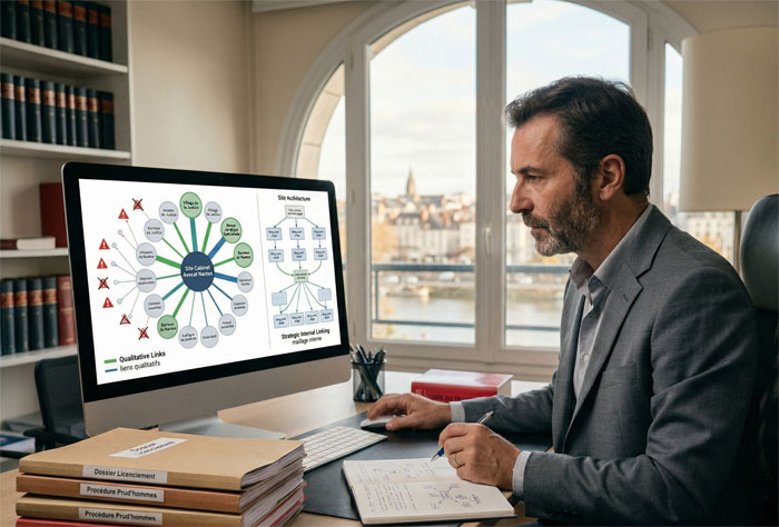 Avocat expert assis à son bureau, il analyse intensément une visualisation complexe de données de netlinking et de maillage interne de son site sur un grand moniteur desktop.