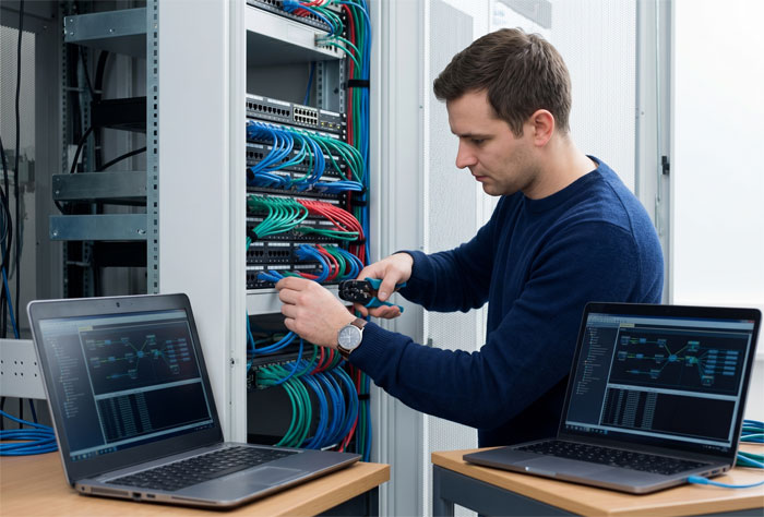 Technicien IT en train d'organiser méticuleusement des câbles réseau colorés (bleus, rouges, verts) dans un rack de serveurs professionnel bien éclairé. À côté, un ordinateur portable ouvert affiche une console de diagnostic technique complexe sur un bureau sobre, symbolisant l'optimisation et la structuration de l'architecture numérique pour un cabinet d'avocats.