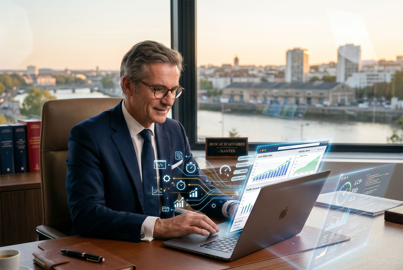 Photographie d'un avocat d'affaires à Nantes analysant la performance technique et le SEO de son cabinet sur son ordinateur portable, avec une vue urbaine de la ville en arrière-plan.