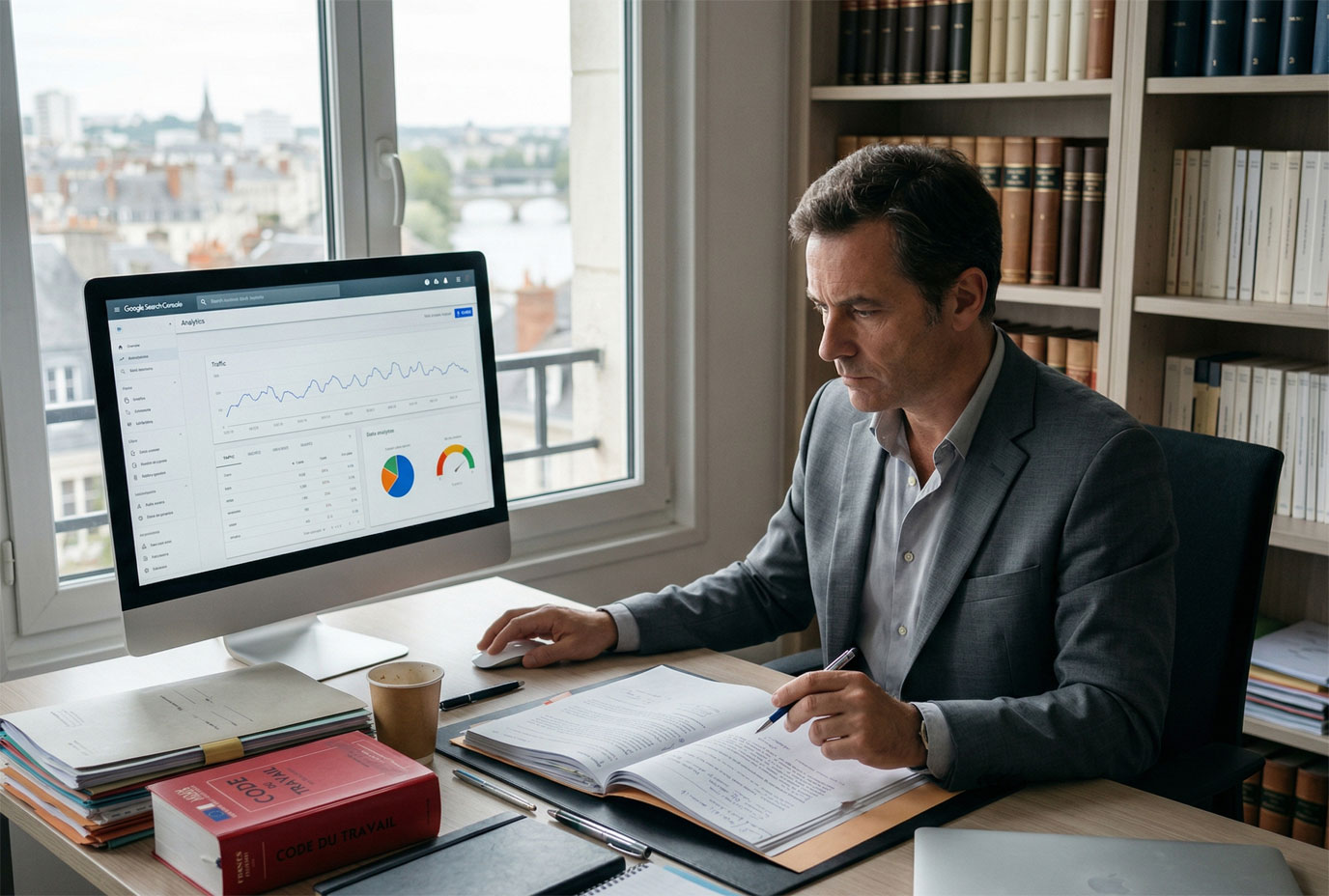 Un avocat concentré, Il analyse les données de performance d'un site web sur son ordinateur.