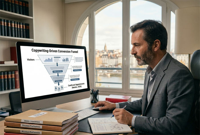 Avocat expert portant un costume gris, assis à son bureau. Il est concentré, tenant un stylo au-dessus d'un cahier ouvert contenant des schémas de liens de conversion dessinés à la main et des annotations.