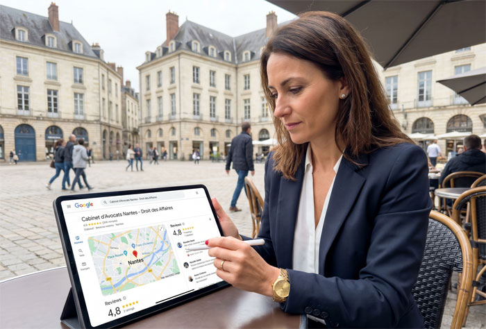 Avocate en costume élégant assis à la terrasse d'un café élégant à Nantes. Elle utilise un stylet sur une tablette affichant clairement l'interface de Google Business Profile, avec une carte de la ville, une section d'avis clients et des notations étoilées bien visibles, illustrant la gestion active de la visibilité locale et de l'e-réputation.