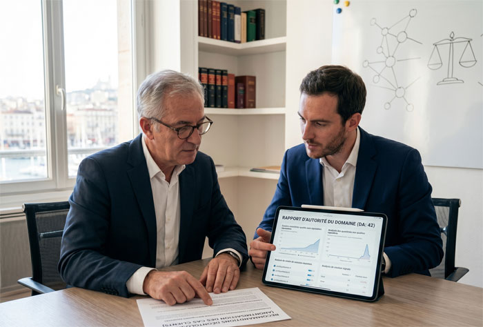 Deux avocats pénalistes, un senior et un junior, collaborent dans un bureau lumineux.