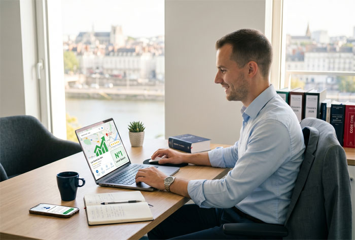 Jeune avocat souriant et satisfait dans son bureau de Nantes, voyant des résultats positifs sur son ordinateur portable suite à une stratégie de SEO local réussie.