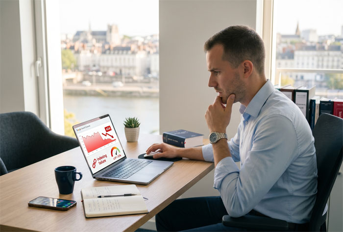 Jeune avocat frustré et inquiet face à des erreurs techniques sur son site web dans son bureau de Nantes. Pose de réflexion stressée.