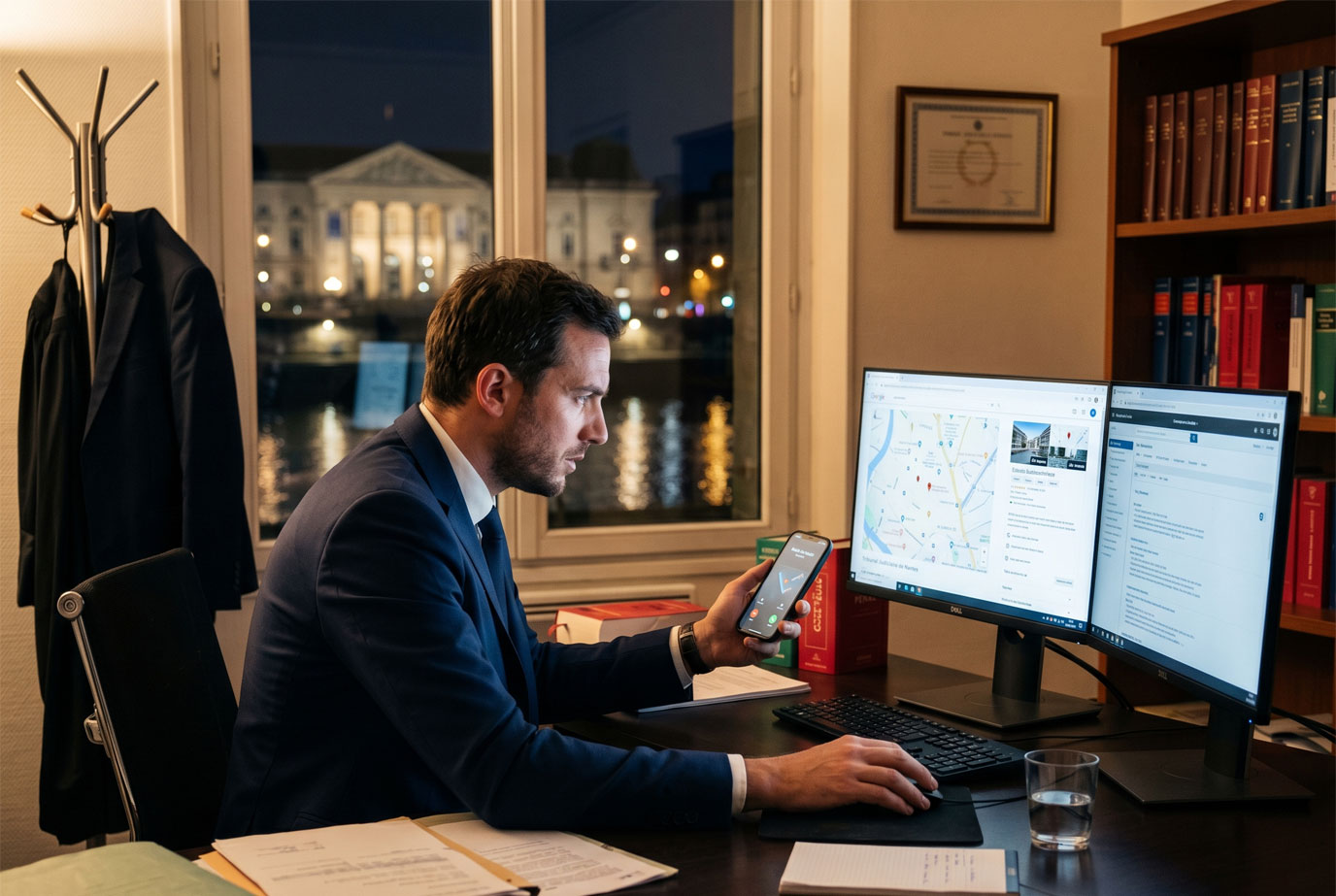 Avocat pénaliste travaillant de nuit dans son cabinet pour illustrer l'urgence pénale.