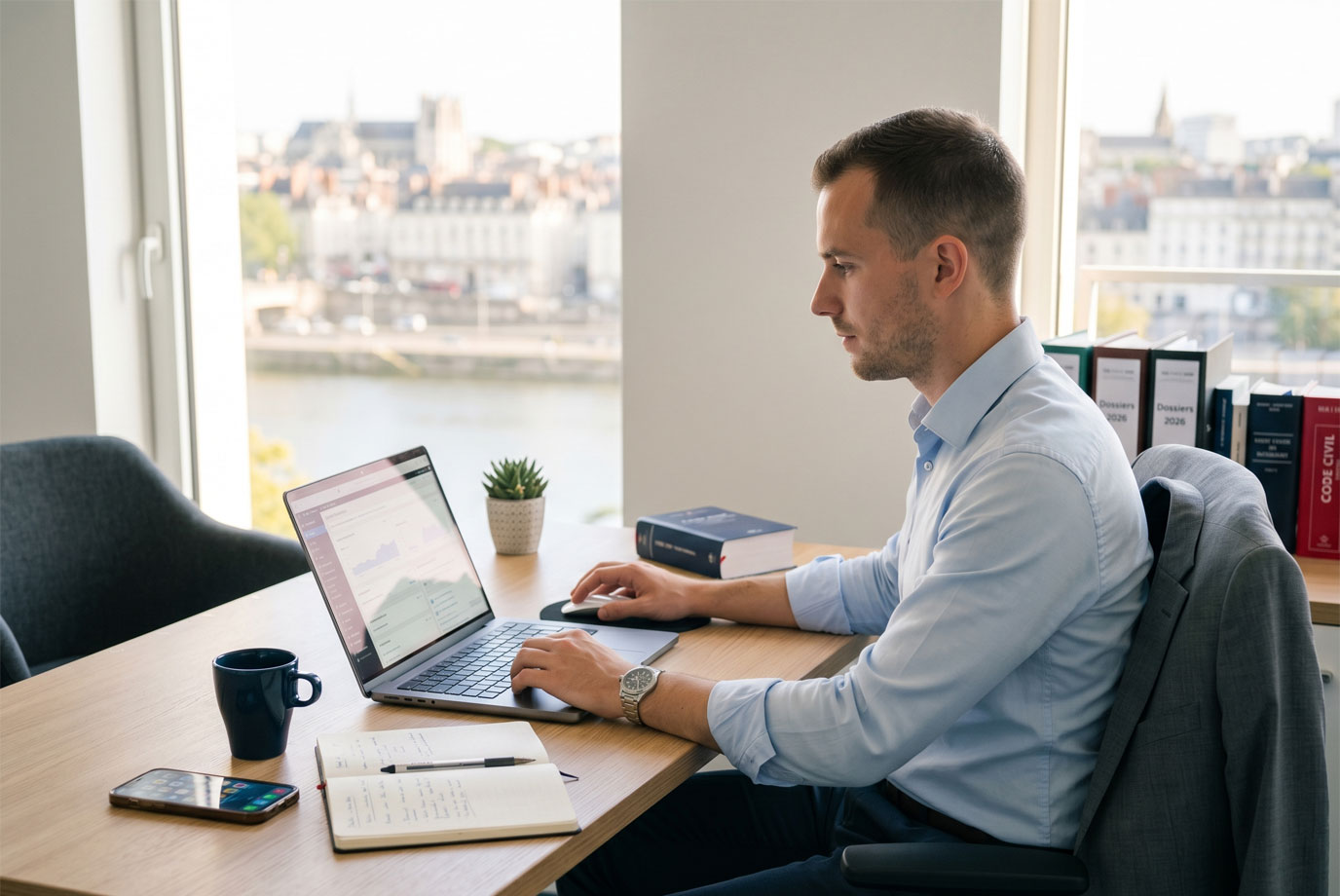 Jeune avocat nantais concentré travaillant sur son ordinateur portable à son bureau pour créer le site web de son nouveau cabinet. Vue sur la Loire en arrière-plan.
