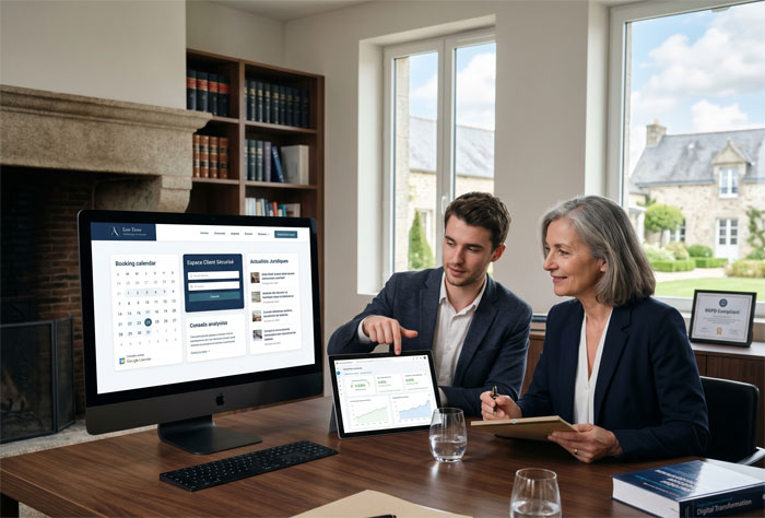 Interface de site d'avocat intégrant un calendrier de prise de rendez-vous en ligne, un espace client sécurisé et un flux d'actualités