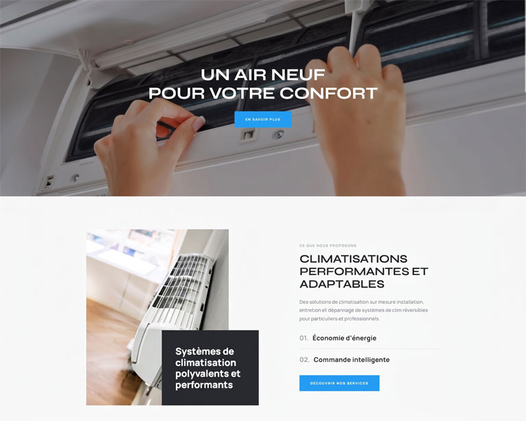 creation-site-internet-artisan-11-v2 Maquette de site d’entreprise de climatisation – Design de site web pour une société proposant l’installation, l’entretien et le dépannage de systèmes de climatisation réversible.
