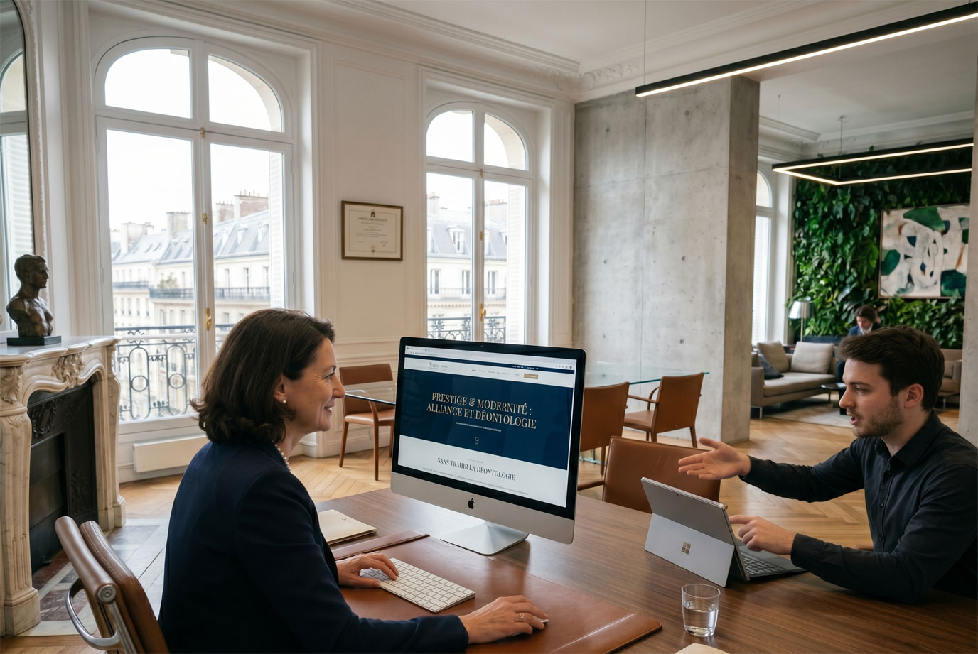 Avocate et webdesigner collaborant sur la refonte visuelle d'un site internet pour avocat dans un bureau de cabinet